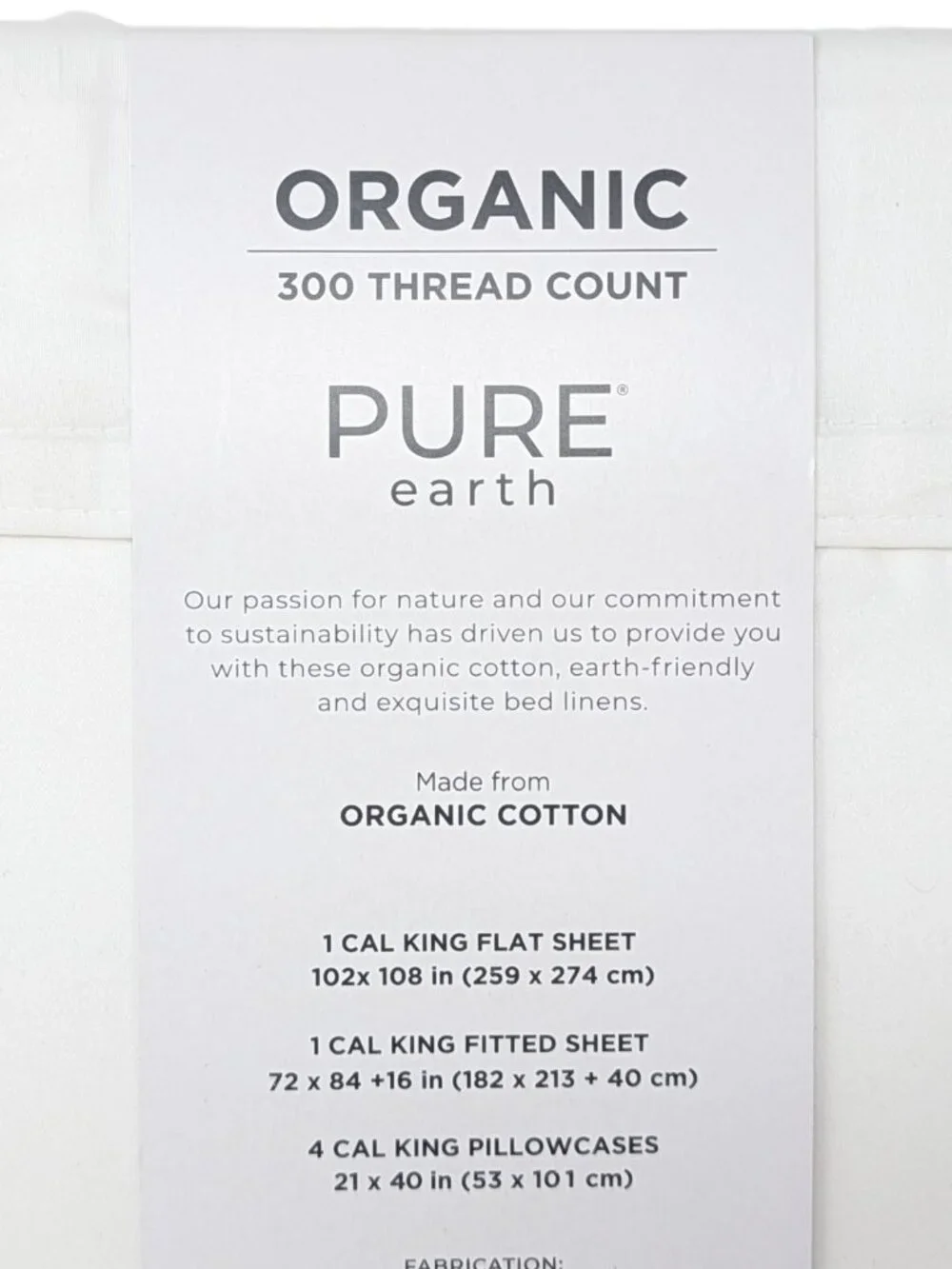 NEW Pure Earth Organic 300 Thread Count White California King Sheet Set